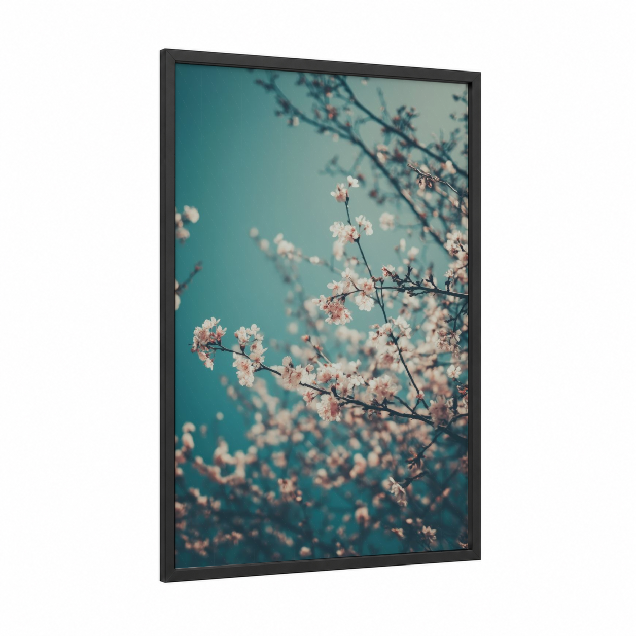 Turquoise Blossoms framed cherry blossoms print — black wood frame — teal and peach palette