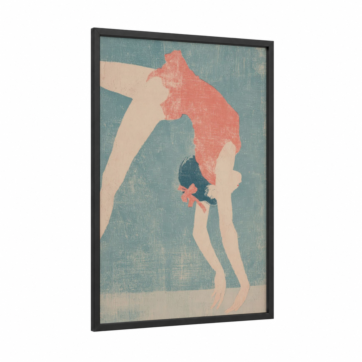 Backbend Elegance framed gymnastics print — black wood frame — teal and salmon pink palette
