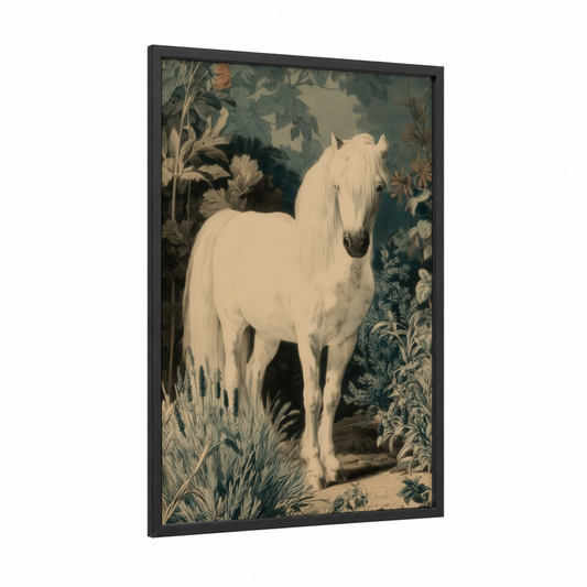 Cream Miniature Horse framed art print — black wood frame — cream and dove gray palette