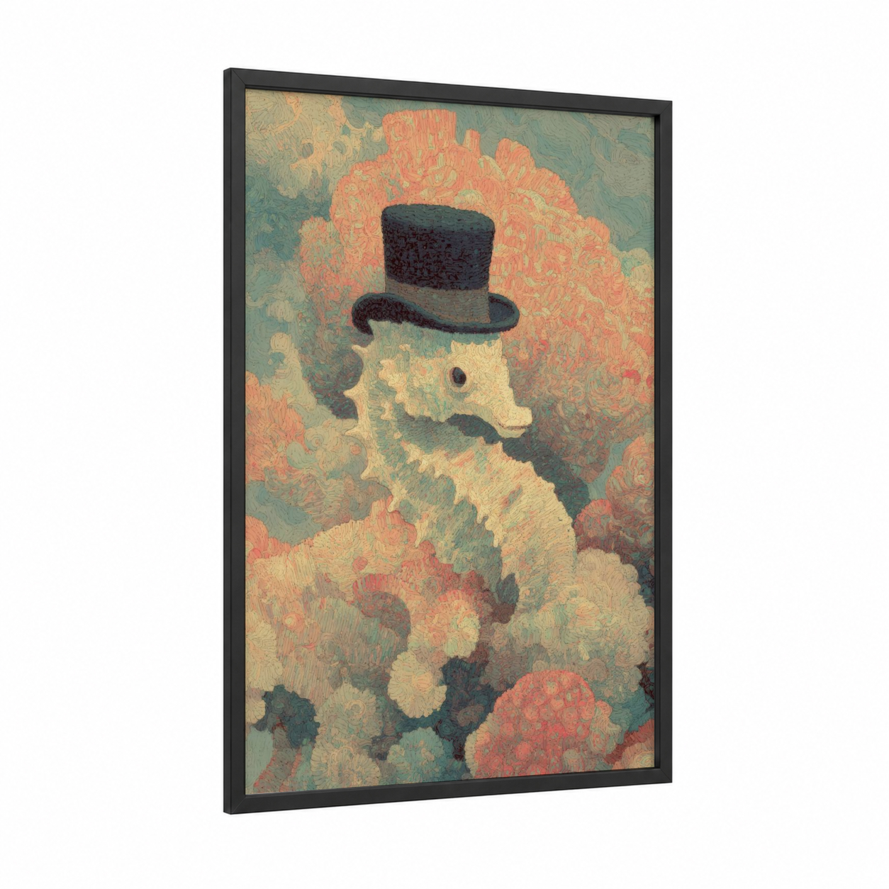 Dapper Coral framed art print — black wood frame — peach and sage green palette
