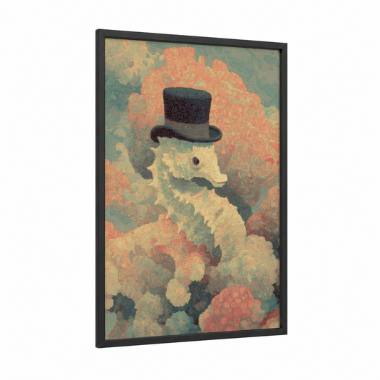 Dapper Coral framed art print — black wood frame — peach and sage green palette
