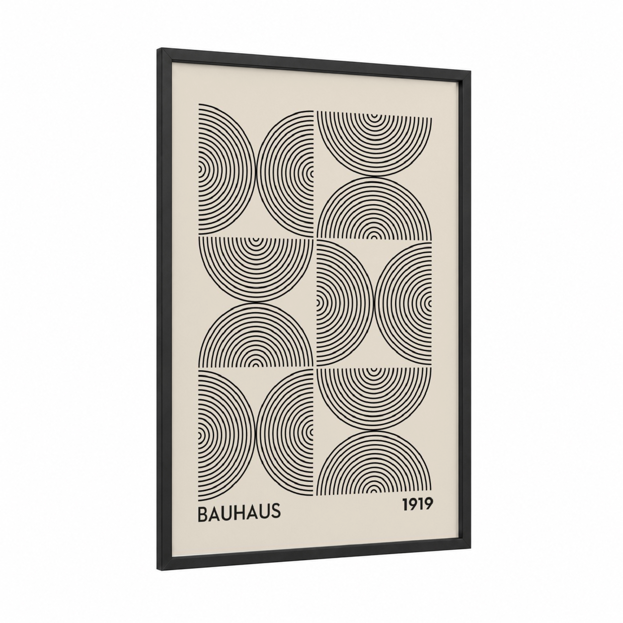 Geometric Radiance framed abstract geometric print — black wood frame — black and white and cream palette
