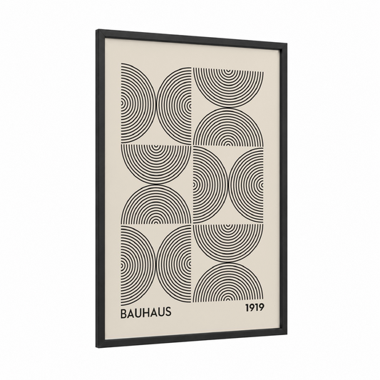 Geometric Radiance framed abstract geometric print — black wood frame — black and white and cream palette