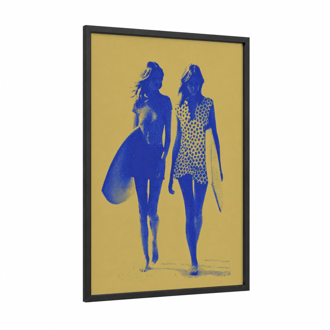 Surfing Sisters framed art print — black wood frame — blue and yellow gold palette