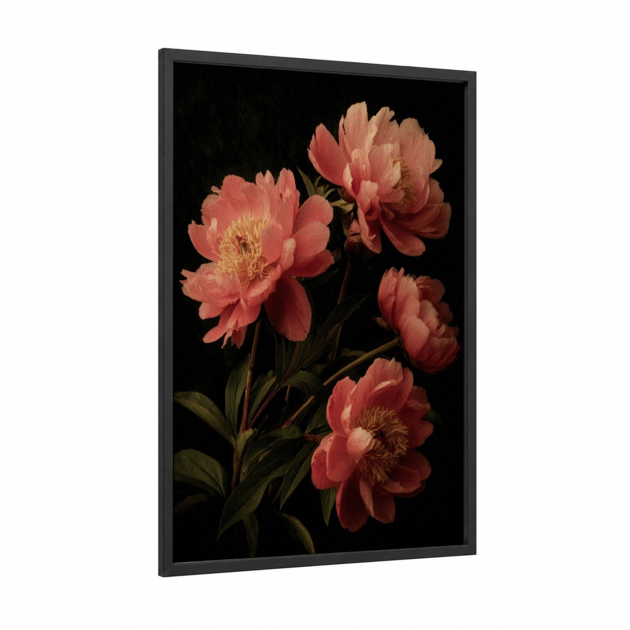 Crimson Peonies framed peony print — black wood frame — salmon pink and black palette