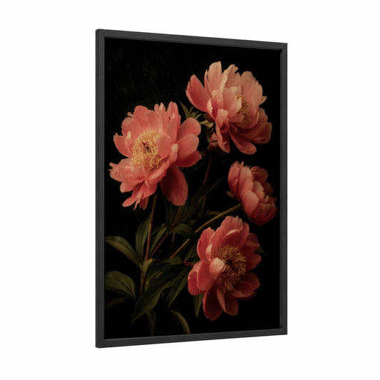 Crimson Peonies framed peony print — black wood frame — salmon pink and black palette