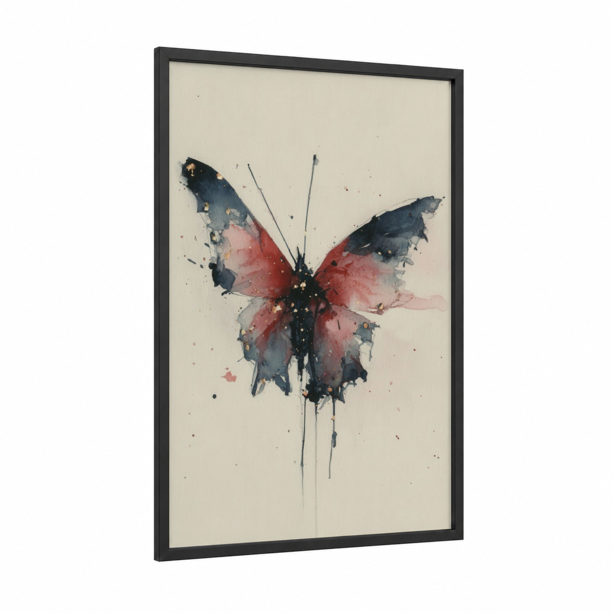 Crimson Butterfly framed art print — black wood frame — maroon and dove gray palette