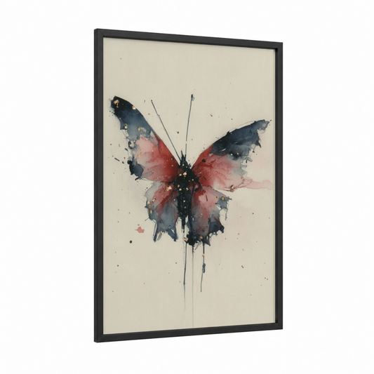 Crimson Butterfly framed art print — black wood frame — maroon and dove gray palette