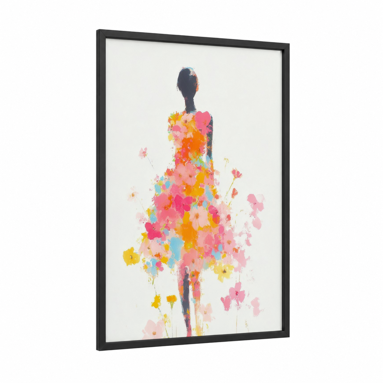 Floral Fashion Silhouette framed fashion illustration print — black wood frame — pink and yellow gold palette