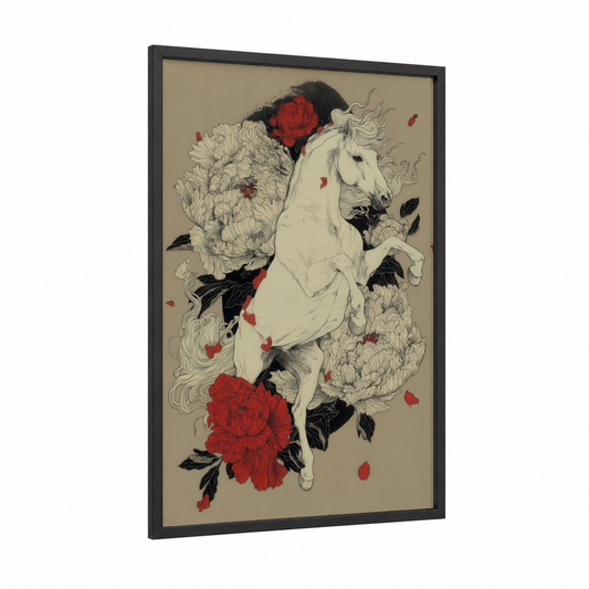 Crimson Andalusian framed andalusian horse print — black wood frame — cream and red palette