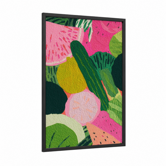 Vibrant Salad Mix framed art print — black wood frame — pink and lime green palette