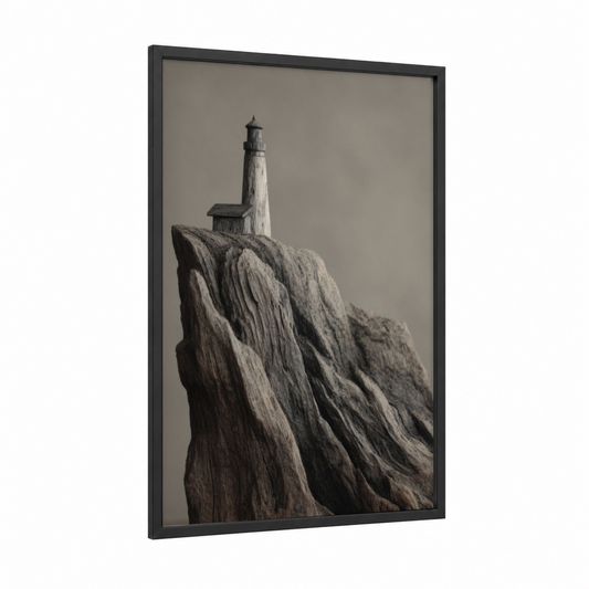 Coastal Lighthouse Carving framed woodcarving print — black wood frame — gray and black and white palette