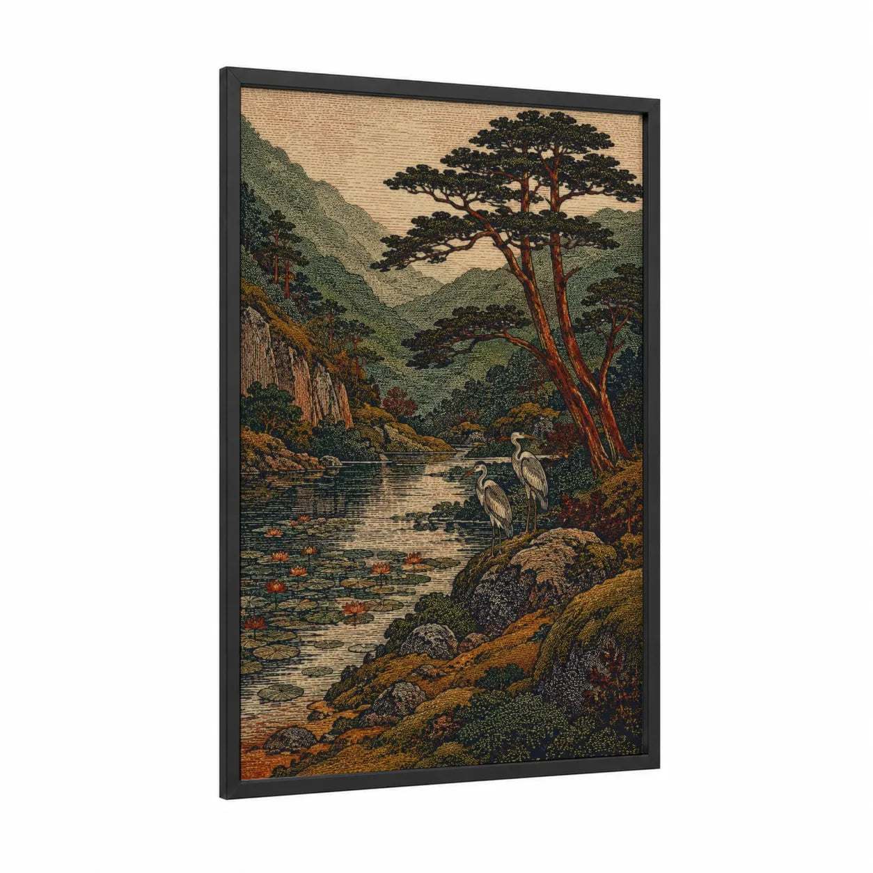 Japanese Mountain Crane Landscape Wall Art framed art print — black wood frame — true green and beige palette
