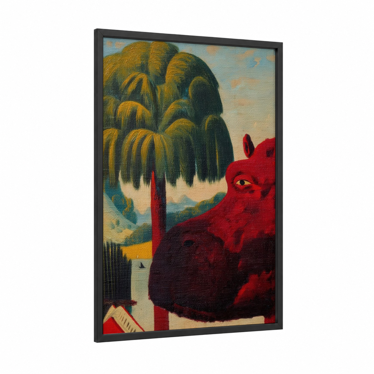 Crimson Hippo framed art print — black wood frame — red and gold palette