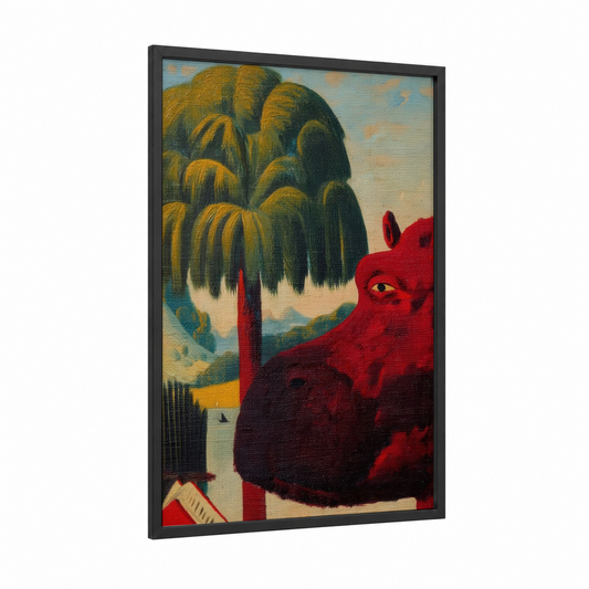 Crimson Hippo framed art print — black wood frame — red and gold palette