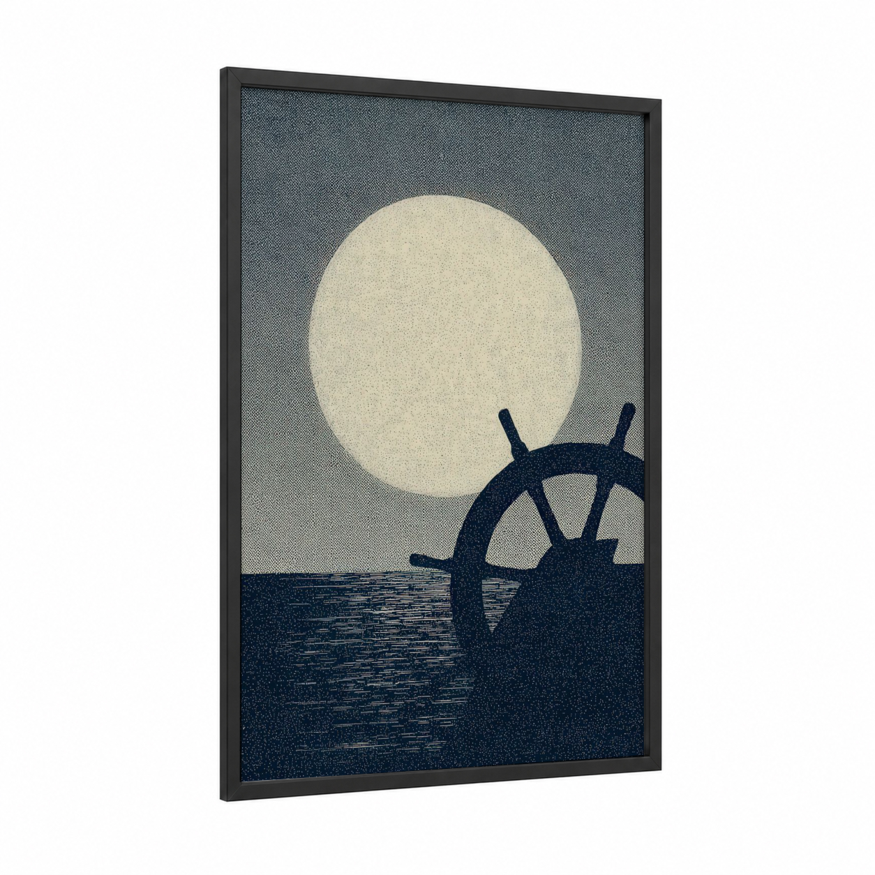 Moonlit Shipwheel framed art print — black wood frame — cream and dark blue palette