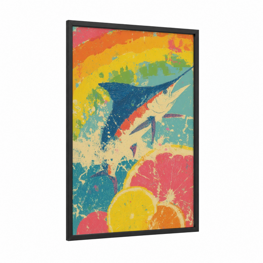 Tropical Marlin framed art print — black wood frame — blue and yellow and orange palette