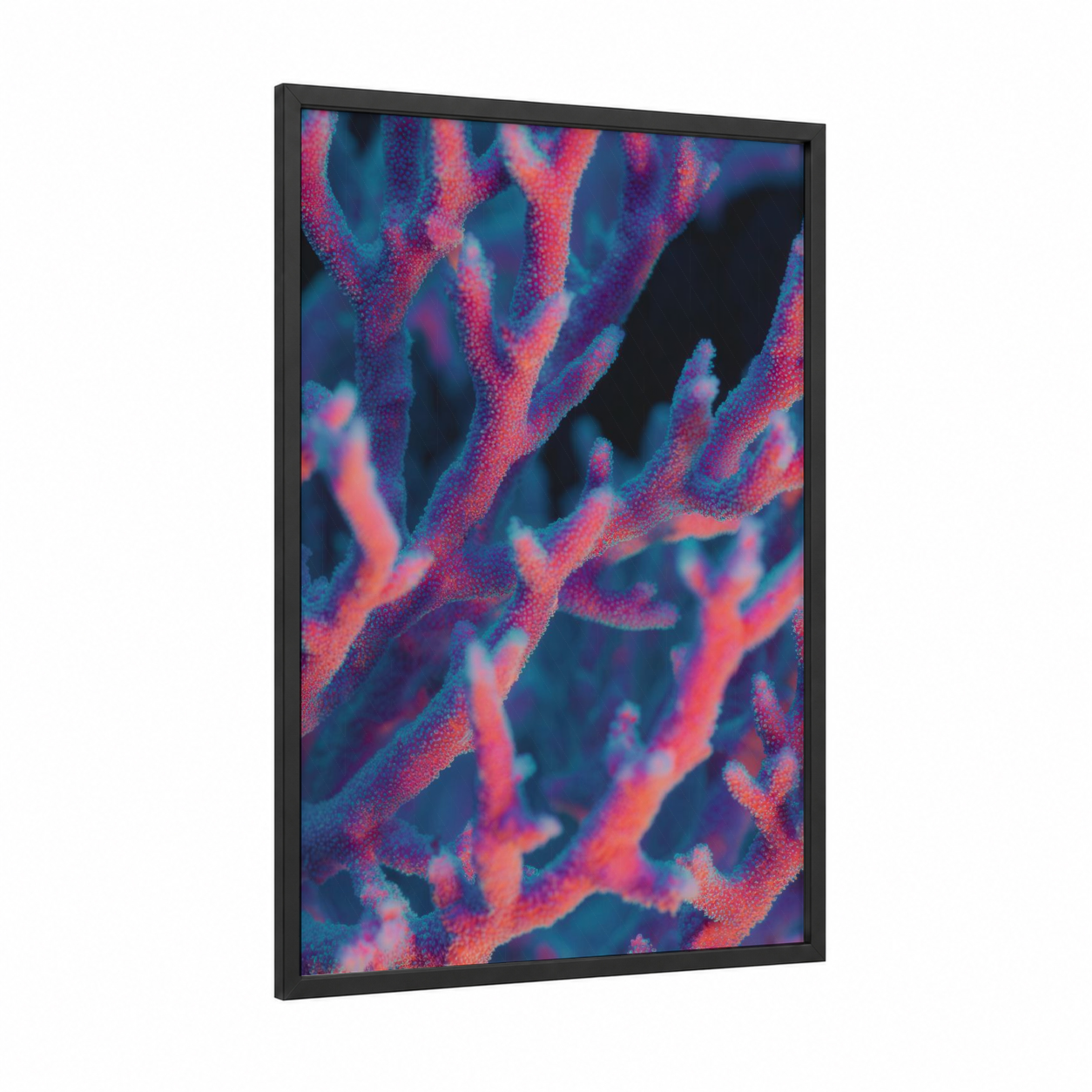 Neon Coral framed art print — black wood frame — magenta and dark blue palette