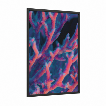 Neon Coral framed art print — black wood frame — magenta and dark blue palette