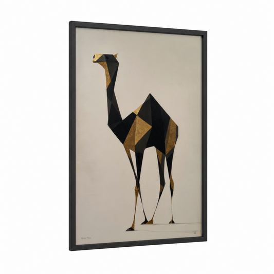 Golden Camel framed art print — black wood frame — black and gold palette