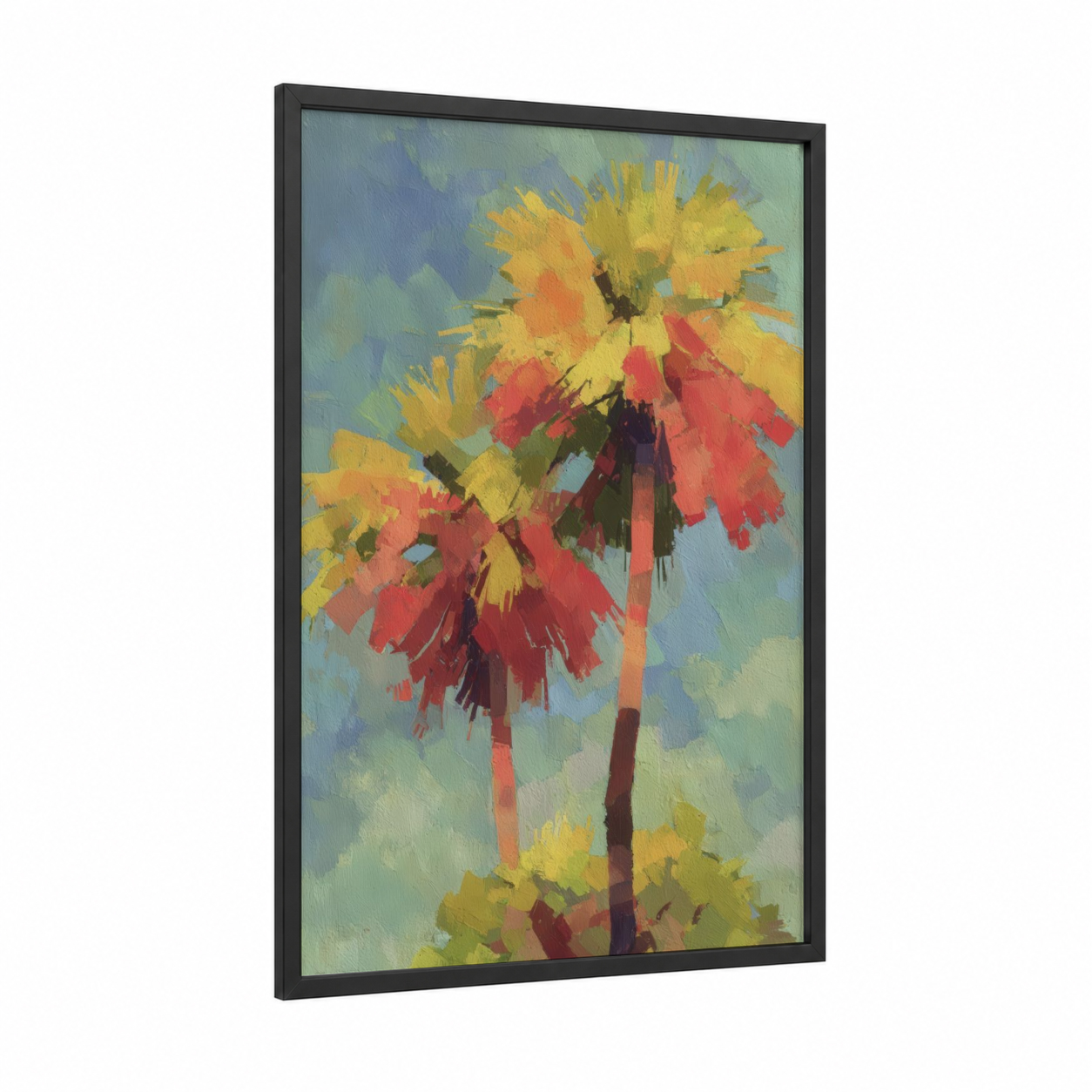 Vibrant Palm Tree framed art print — black wood frame — gold and red palette