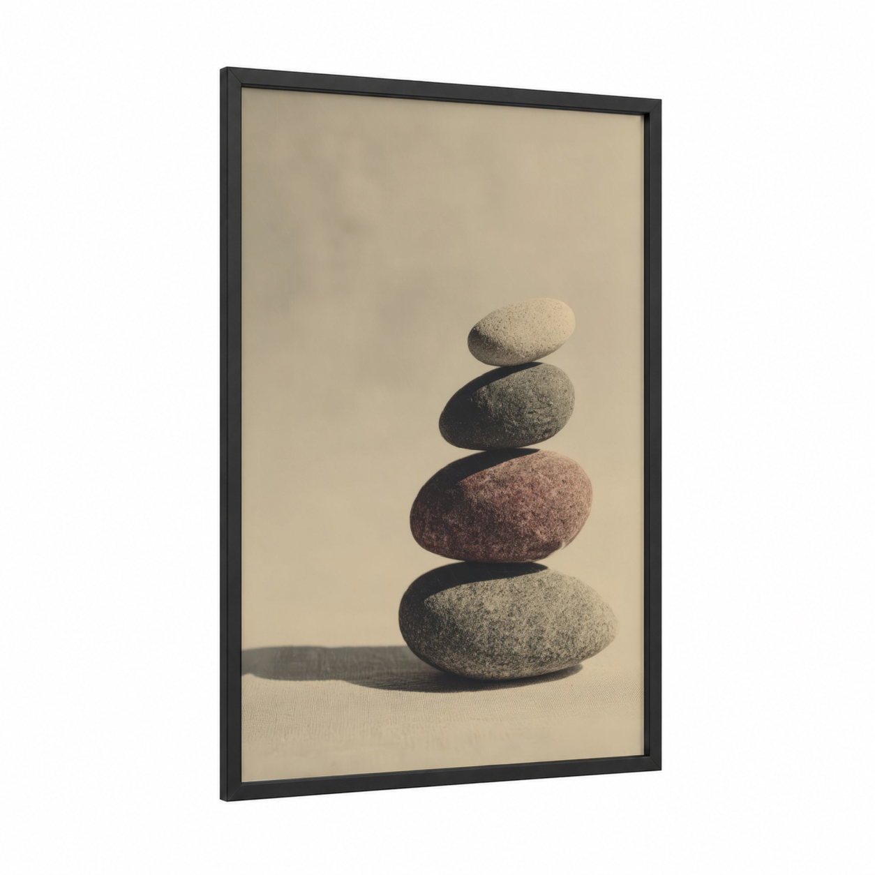 Balanced Stone Stack framed natural stones print — black wood frame — beige and gray palette