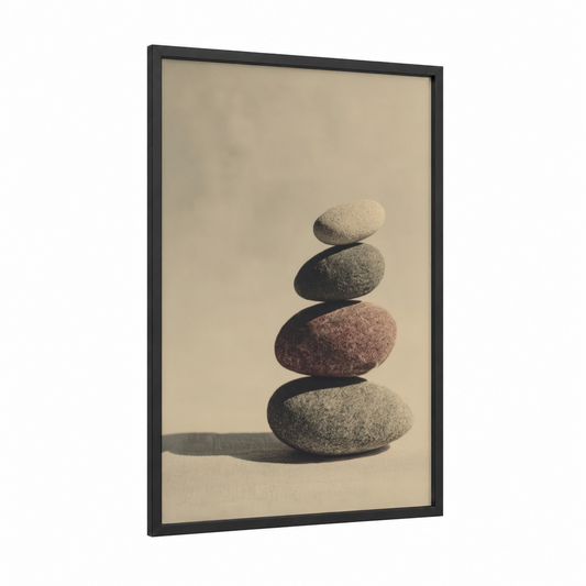 Balanced Stone Stack framed natural stones print — black wood frame — beige and gray palette