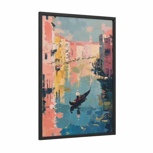 Venetian Gondola framed art print — black wood frame — salmon pink and teal palette