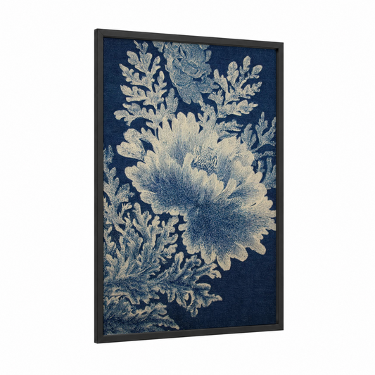 Indigo Anemone framed sea anemone print — black wood frame — dark blue and blue and white palette