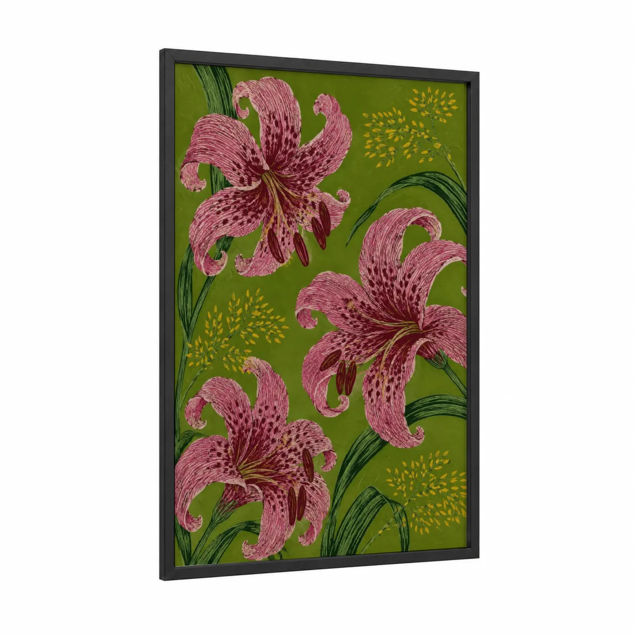 Pink Lily Floral Wall Art framed art print — black wood frame — olive and pink palette