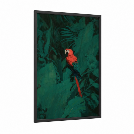 Scarlet Macaw Jungle framed art print — black wood frame — red and true green palette