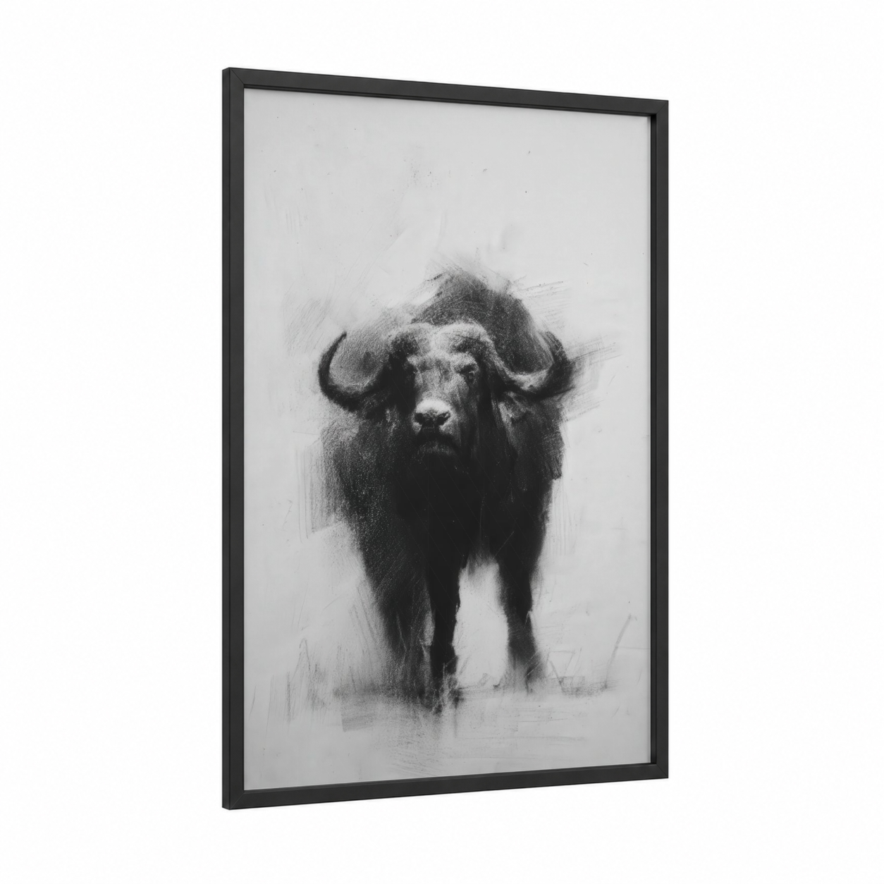 Powerful Bison Portrait framed art print — black wood frame — black and white and gray palette