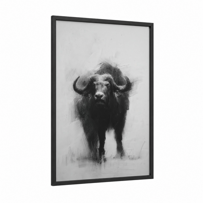 Powerful Bison Portrait framed art print — black wood frame — black and white and gray palette