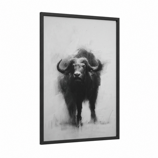 Powerful Bison Portrait framed art print — black wood frame — black and white and gray palette