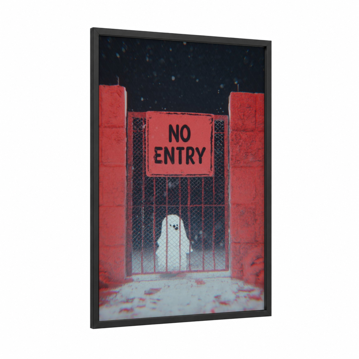 Snowy Gate Guardian framed art print — black wood frame — red and blue and white palette