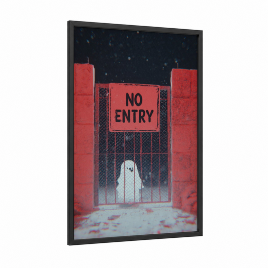 Snowy Gate Guardian framed art print — black wood frame — red and blue and white palette