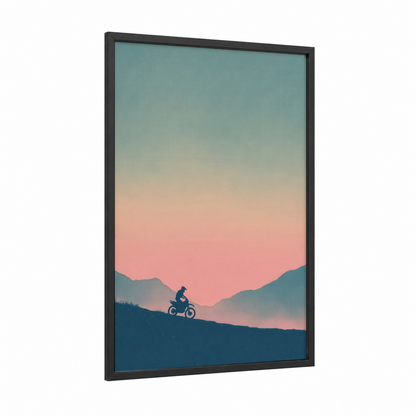 Mountain Motocross framed art print — black wood frame — salmon pink and teal palette