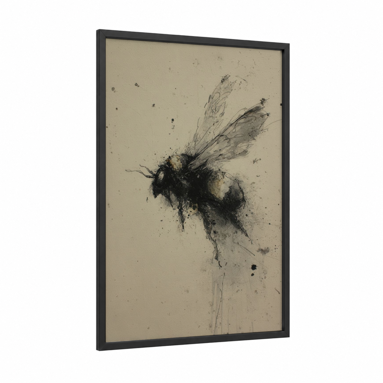 Expressive Bee Study framed art print — black wood frame — black and beige palette