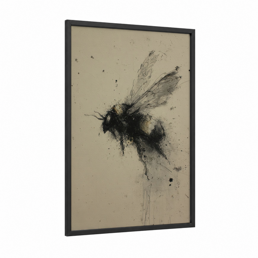 Expressive Bee Study framed art print — black wood frame — black and beige palette