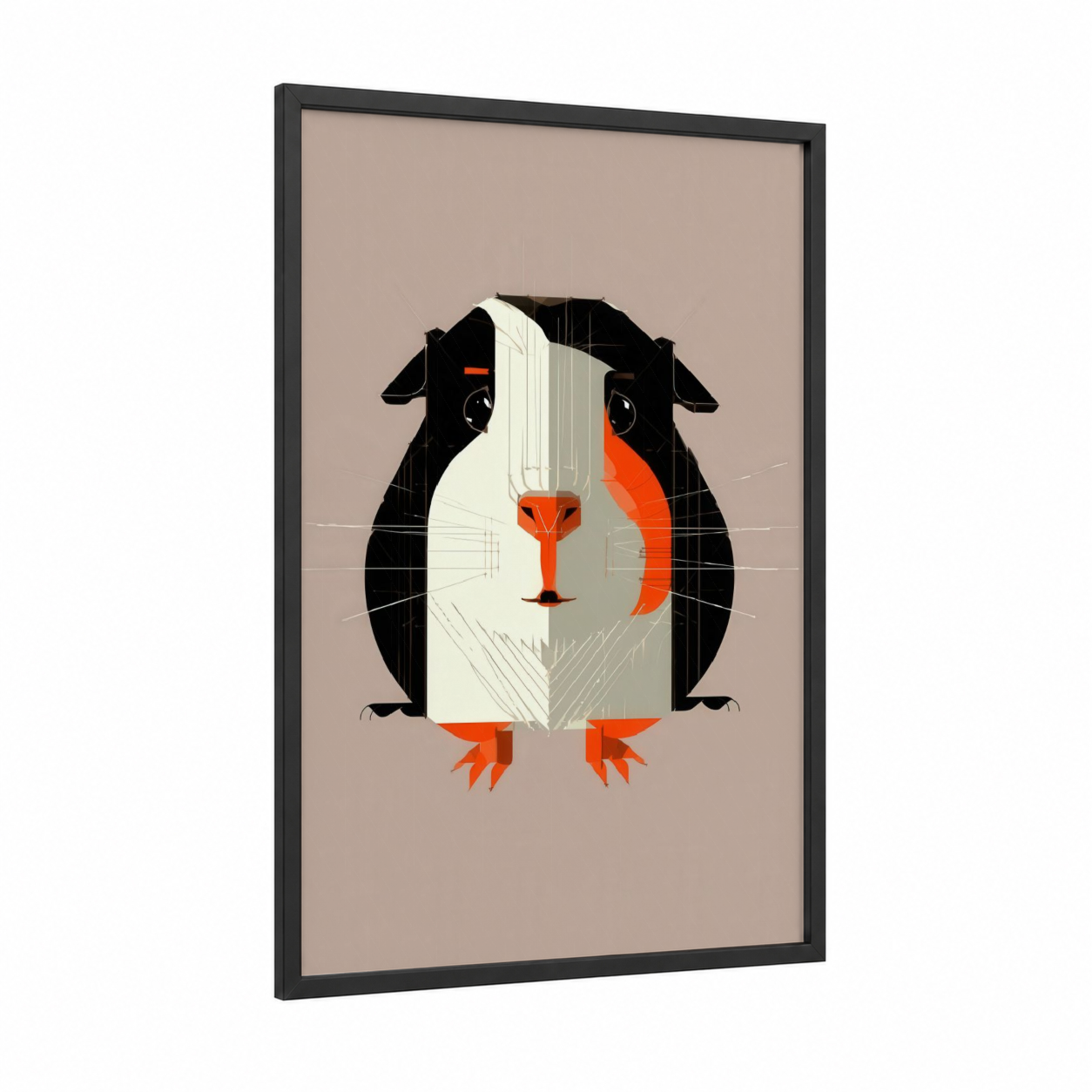 Geometric Guinea Pig framed art print — black wood frame — black and orange palette