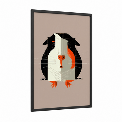 Geometric Guinea Pig framed art print — black wood frame — black and orange palette
