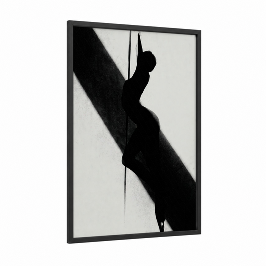 Silhouette Dancer framed pole dancing print — black wood frame — black and white palette