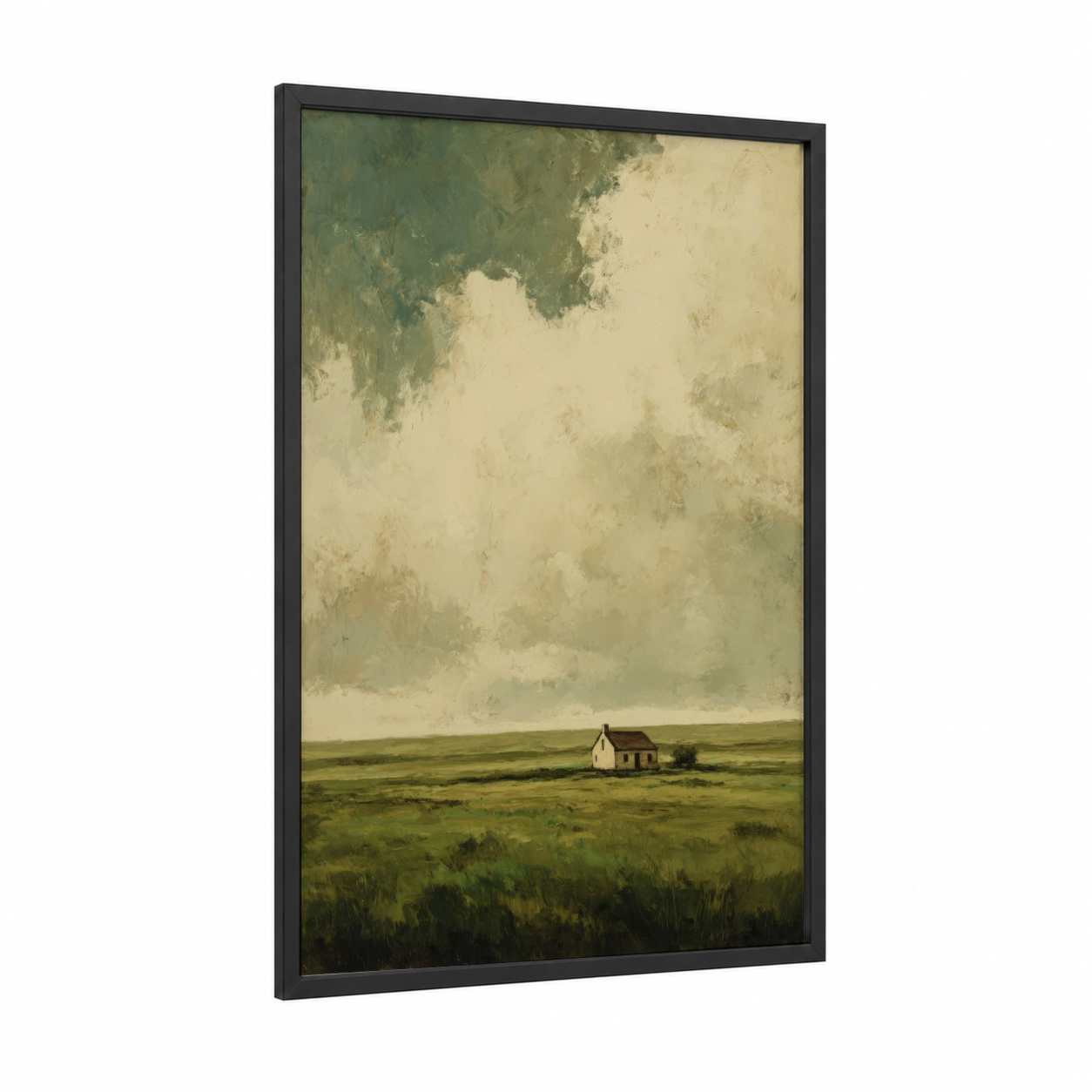 Solitary Farmhouse framed green field print — black wood frame — sage green and cream palette