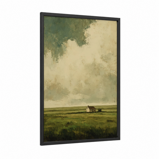 Solitary Farmhouse framed green field print — black wood frame — sage green and cream palette