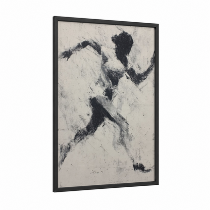 Dynamic Runner framed running print — black wood frame — black and white and cream palette