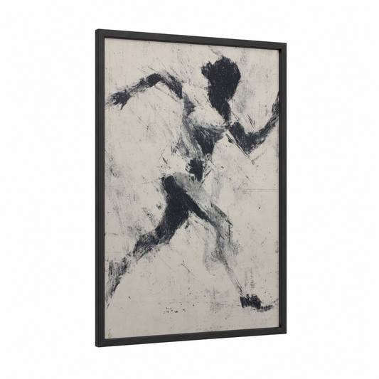 Dynamic Runner framed running print — black wood frame — black and white and cream palette