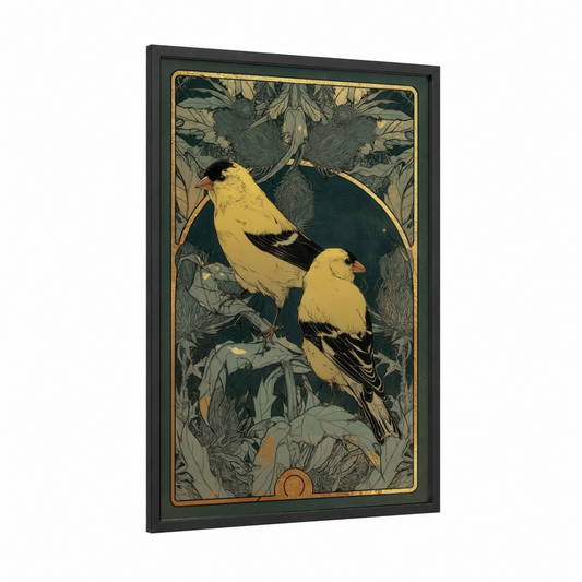 Golden Finch Pair framed art print — black wood frame — yellow gold and dark green palette