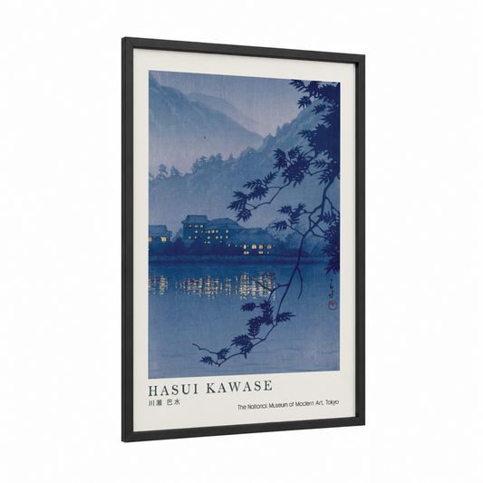 Moonlit Lake Reflections framed lakes print — black wood frame — blue and gold palette