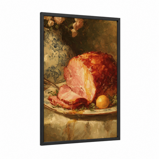 Roasted Ham Classic framed meat print — black wood frame — red and gold palette