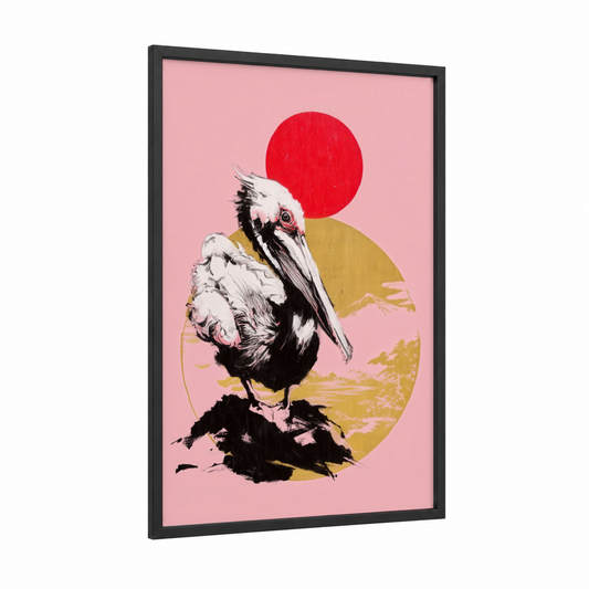 Sunrise Pelican framed art print — black wood frame — pink and gold palette